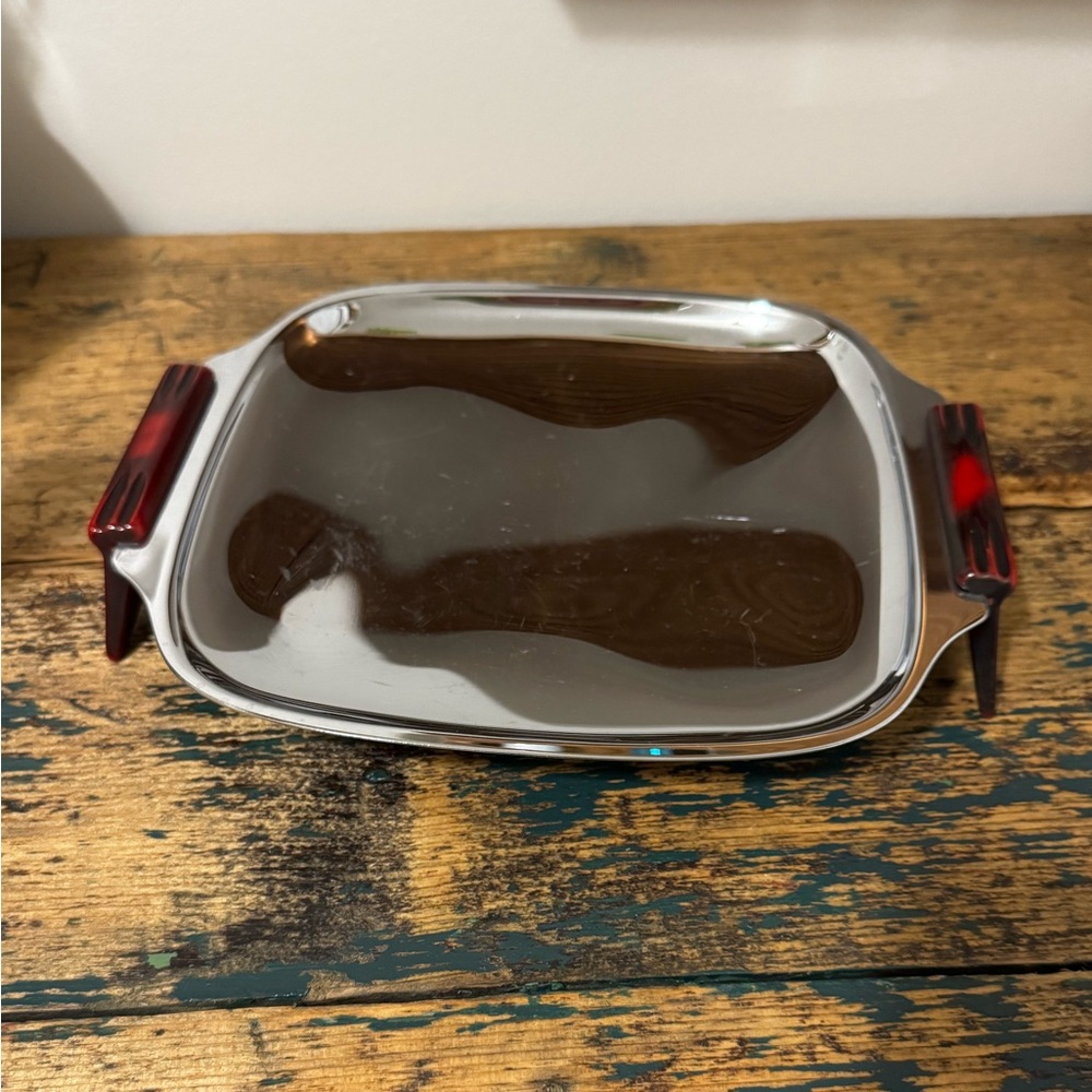 Sleek Silver Tray with Red Bakelite Handles